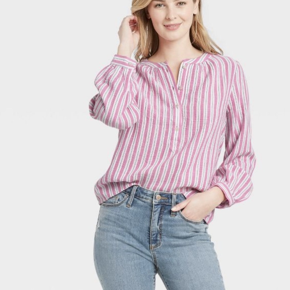 UNIVERSAL THREAD WOMENS PINK WHITE STRIPE COTTON BLOUSE LARGE